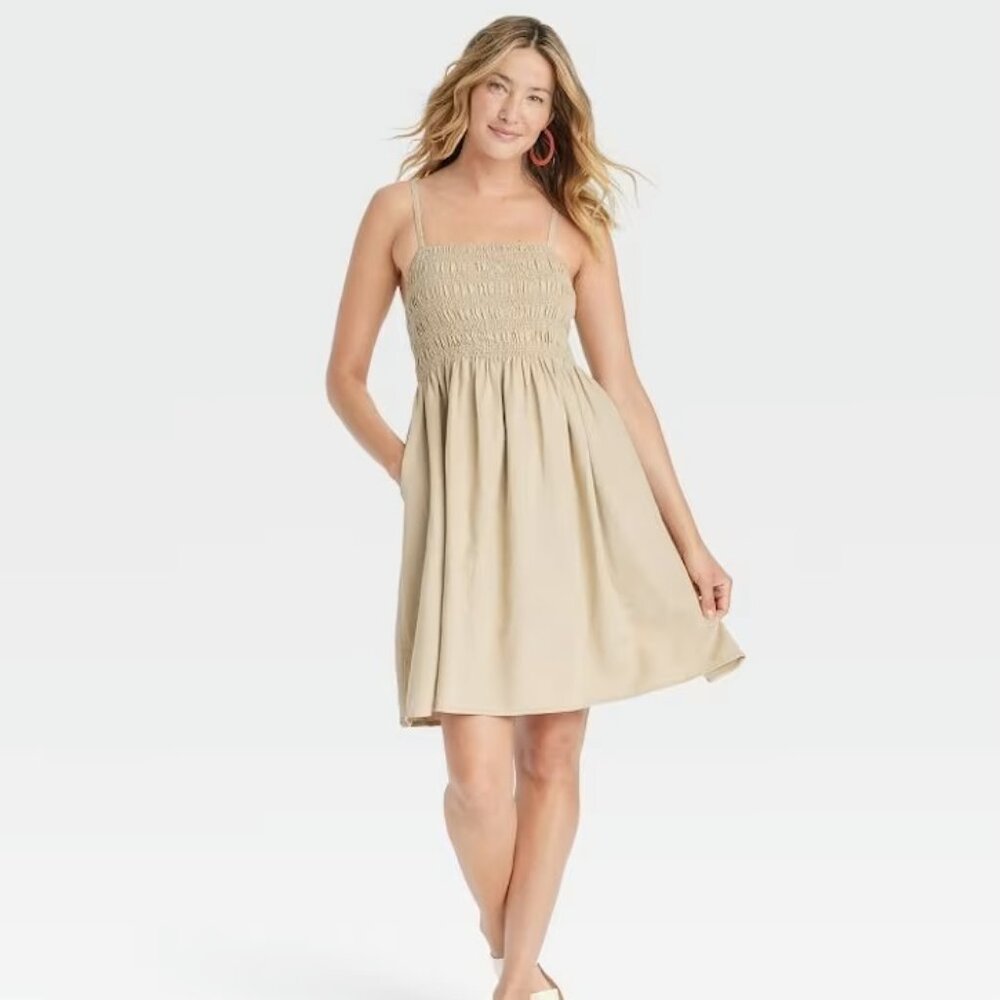 Universal Thread Linen Blend Smocked Dress Spaghetti Strap Pockets Size L